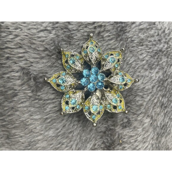 Aqua Blue Rhinestone Brooch Yellow/Green Accents Silver Tone 1.75" Round Pin - Picture 6 of 11